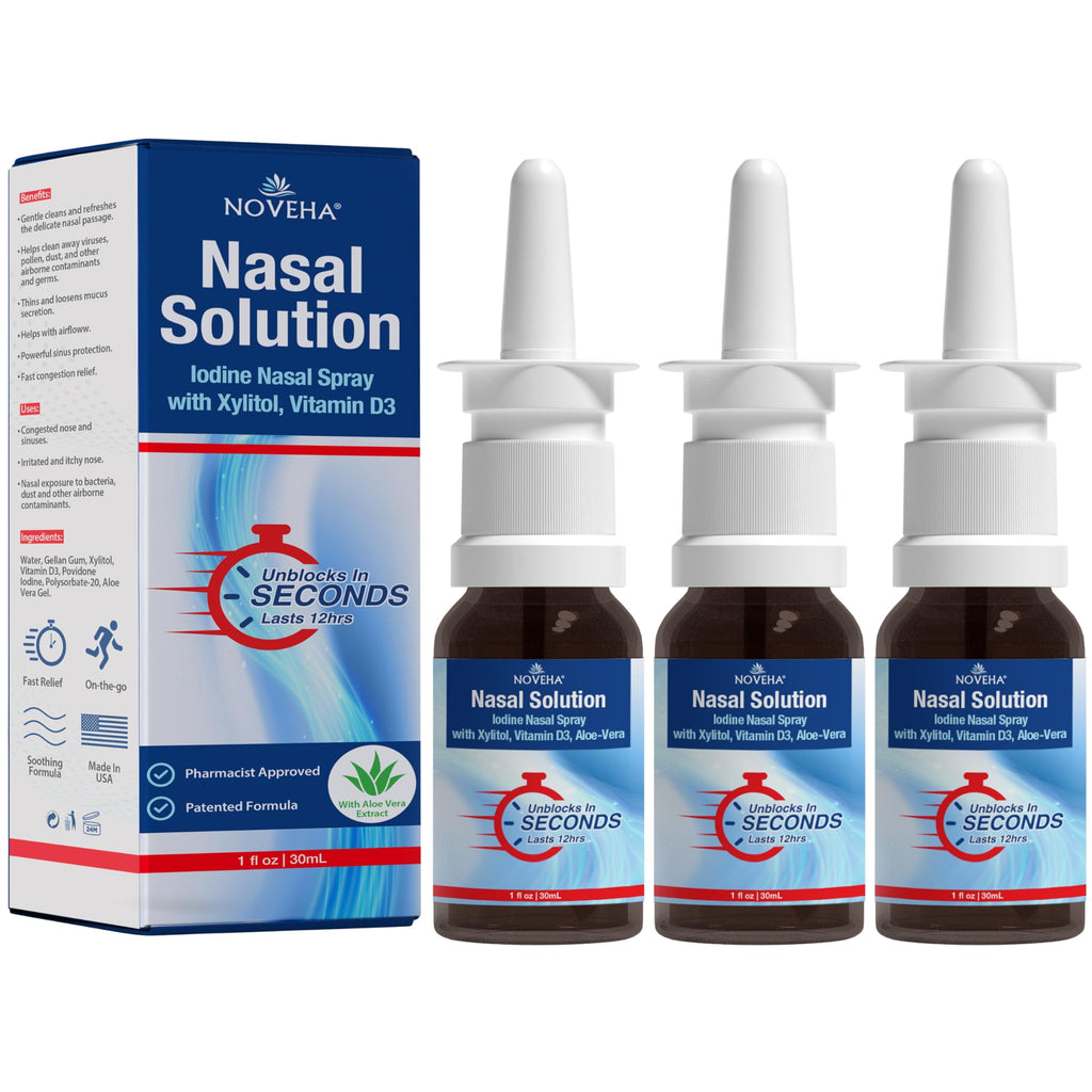NOVEHA Nasal Spray- 1% Povidone-Iodine Spray, with Xylitol, Vitamin D3, Aloe-Vera - Nasal Cleanser (3 Pack)