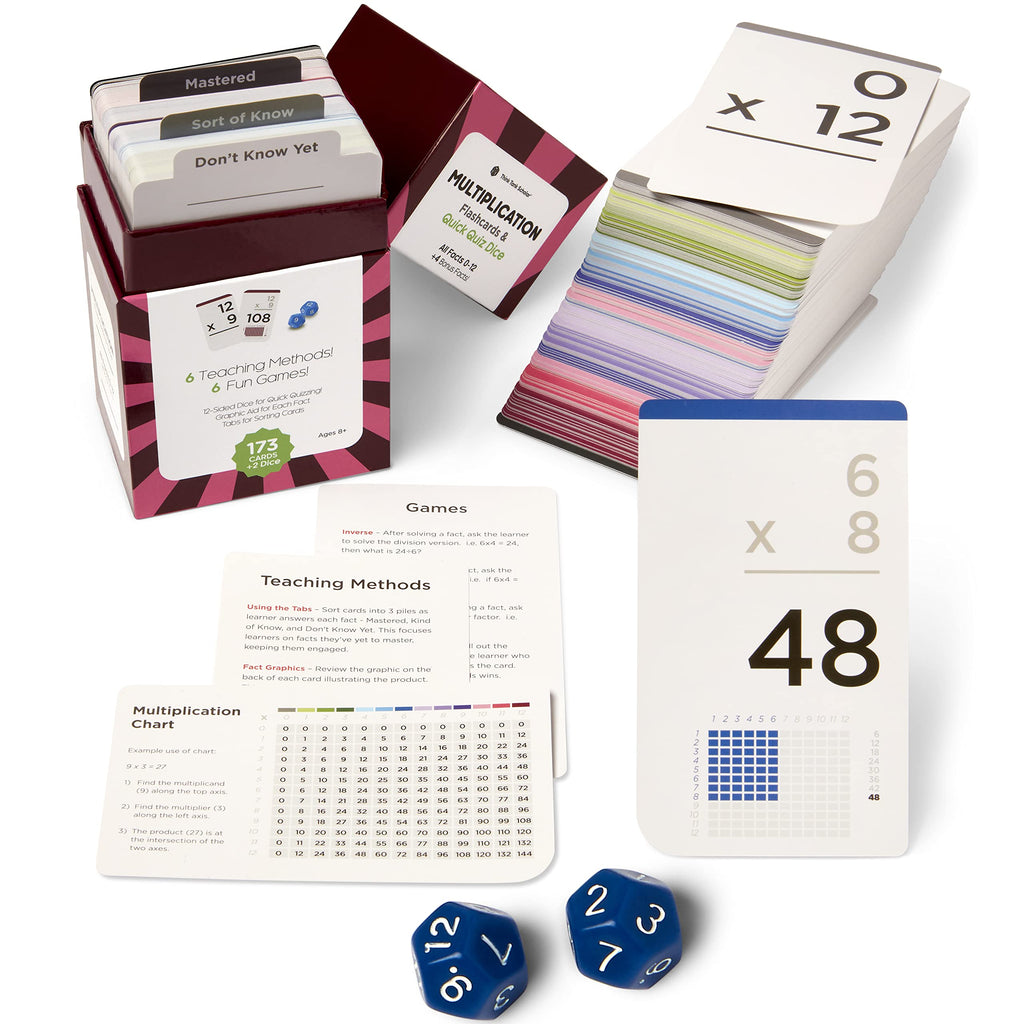 Think Tank Scholar 173 Multiplication Flash Cards + 2 Math Dice (Award Winning) All Facts 0-12 Answer on Back, for Kids in 2ND, 3RD, 4TH, 5TH, 6TH Grade Class or Homeschool - Games & Chart