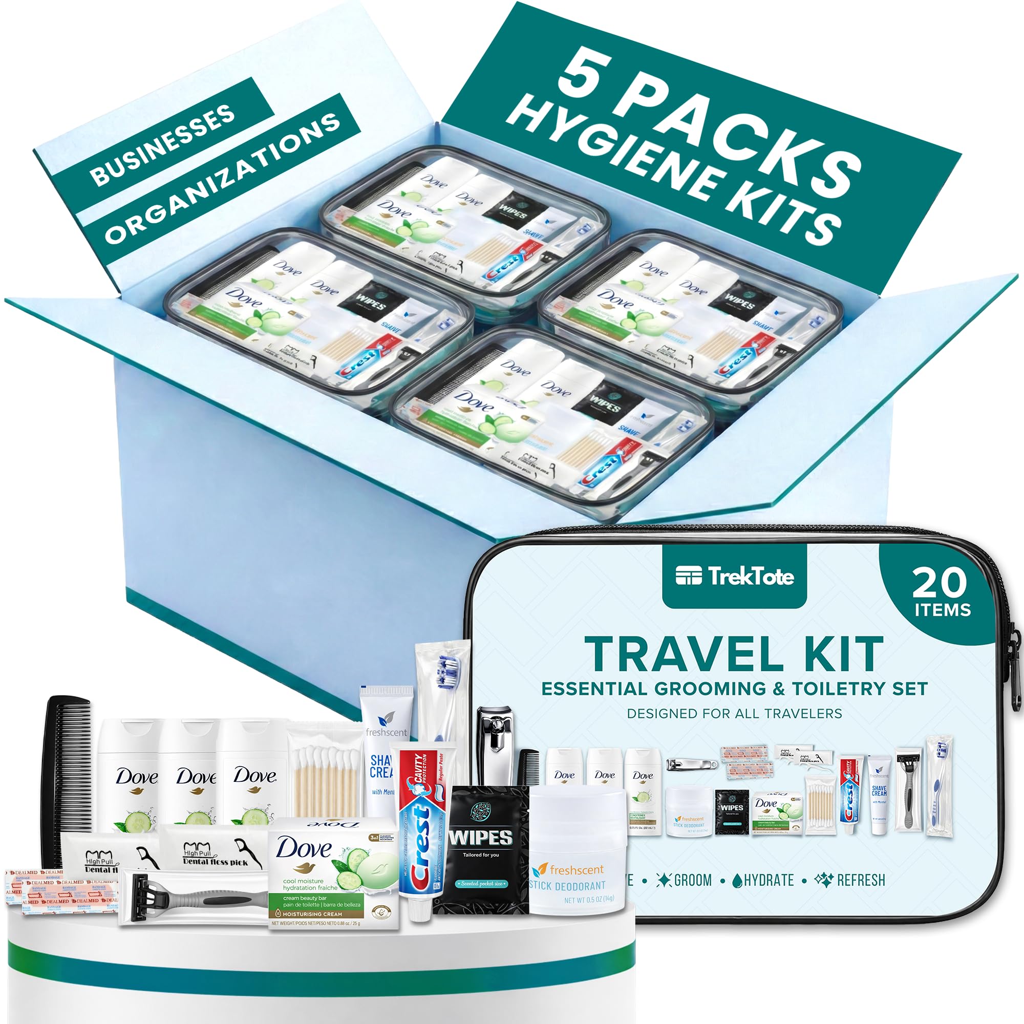 TrekTote 20 Piece Unisex Travel Hygiene Kit with Toiletries & Personal Care Essentials, TSA-Compliant, Individual and Bulk Packs Available
