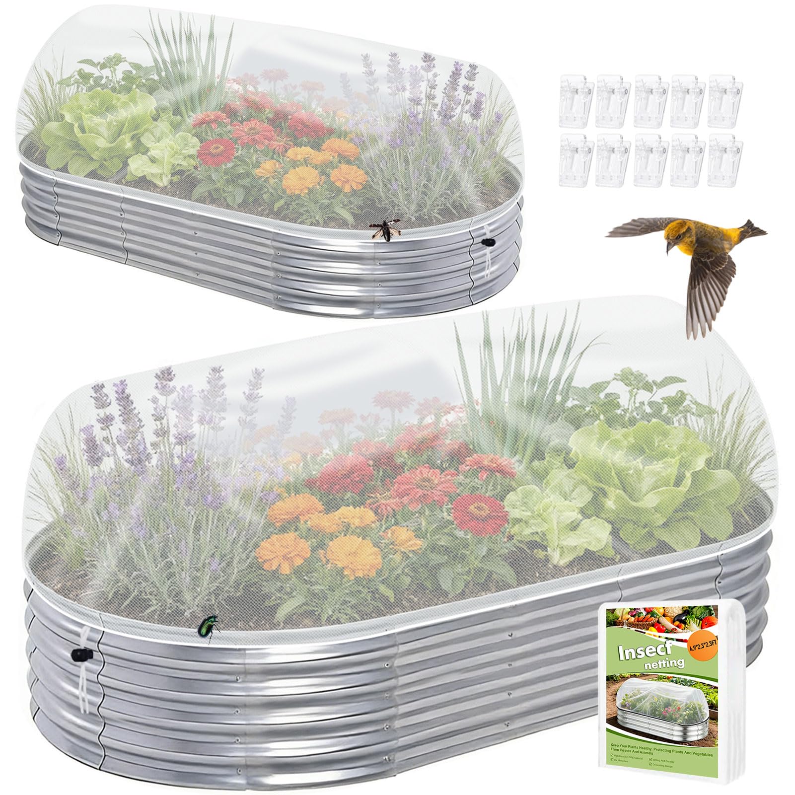 2 Pack Taller Garden Netting for 4x2FT Raised Beds with 10 Secured Clips