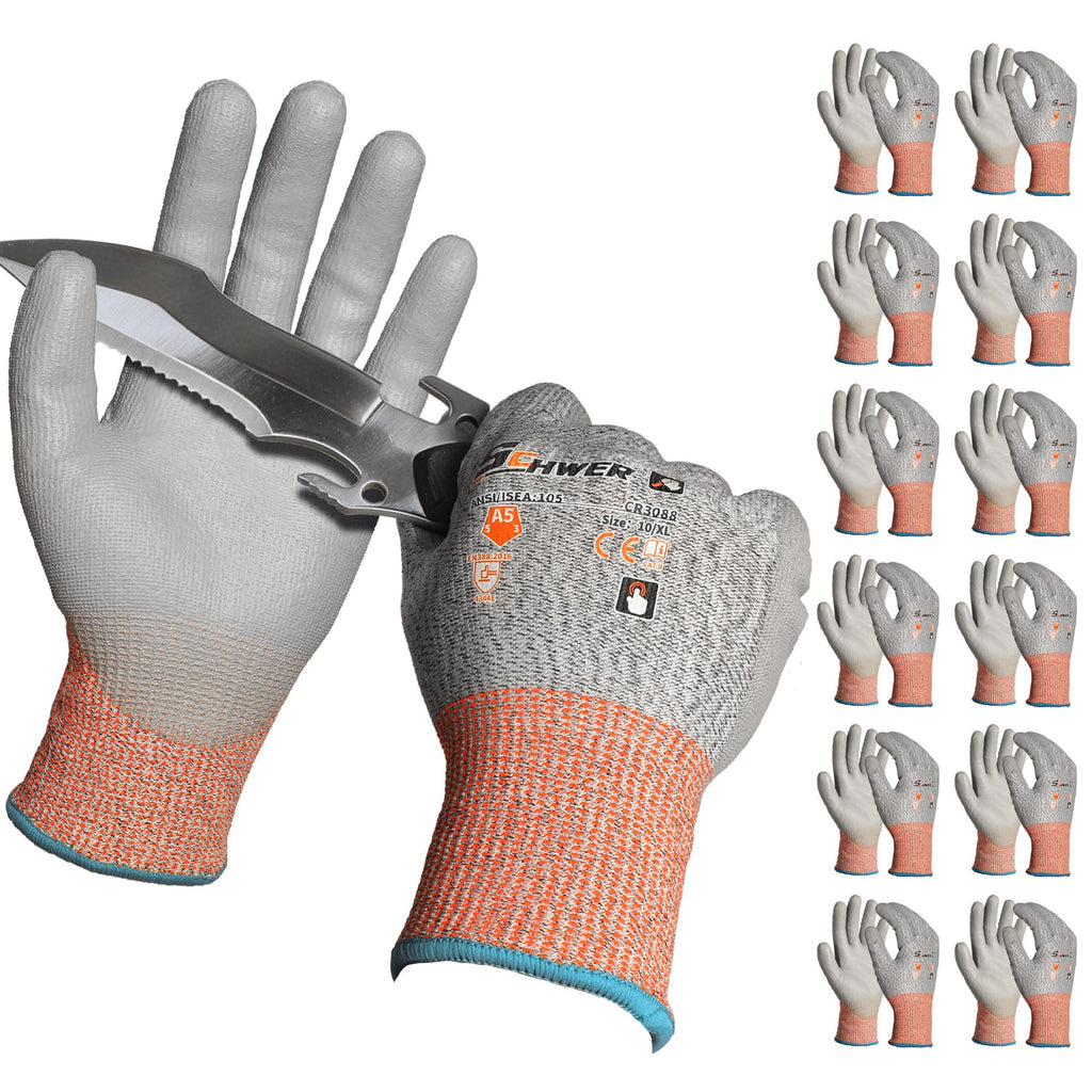 Schwer 12 Pairs ANSI A5 Cut Resistant Work Gloves, Cut Proof Gloves with PU Coating, Used for Metal Fabrication, WoodWorking, Construction, Non Slip, Durable, Non PFAS, XL, CR3088