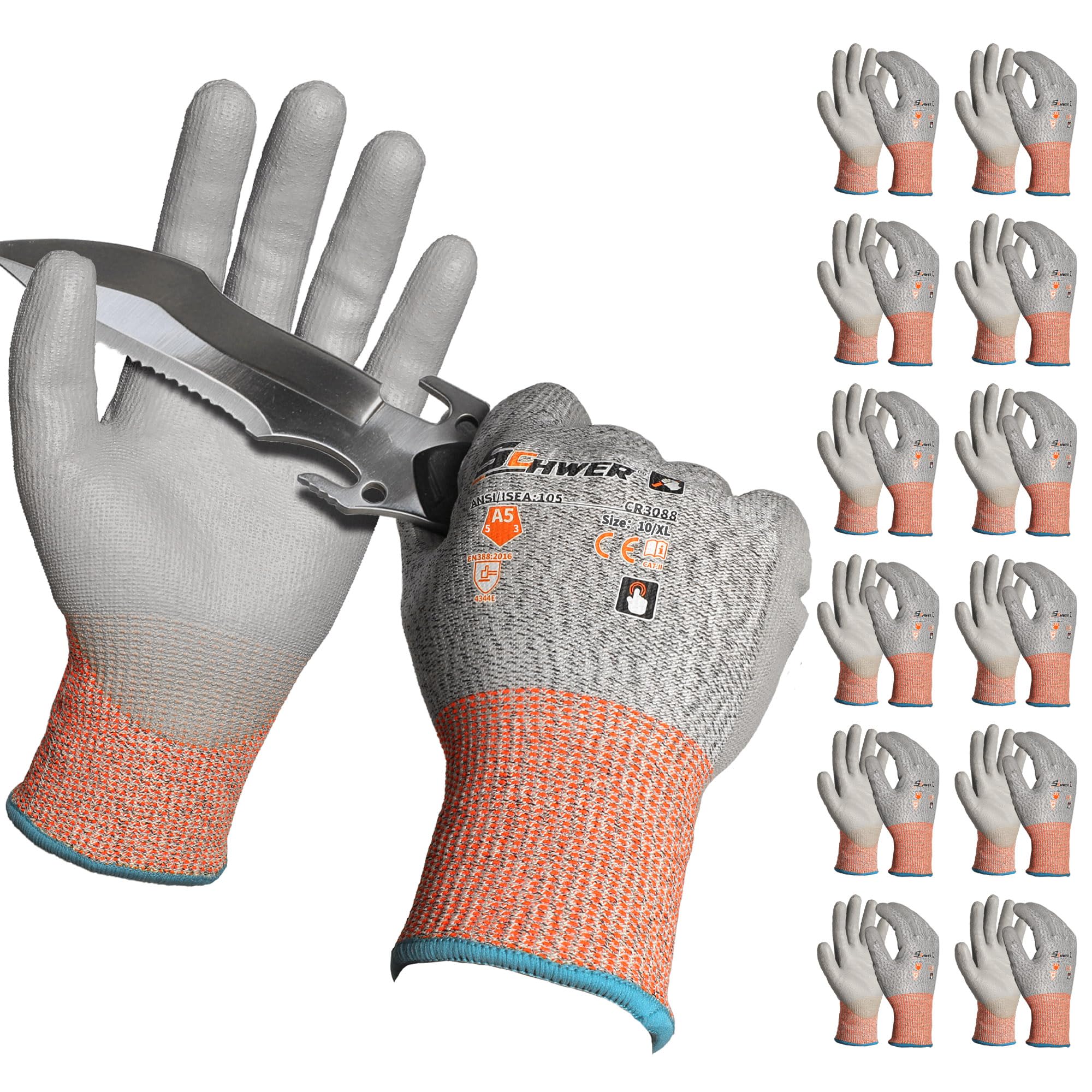Schwer 12 Pairs ANSI A5 Cut Resistant Work Gloves, Cut Proof Gloves with PU Coating, Used for Metal Fabrication, WoodWorking, Construction, Non Slip, Durable, Non PFAS, XL, CR3088
