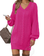 VAFOLY Sweater Dresses for Women 2025���Winter Mini Dress - Pullover Sweaters for Women - Fall Christmas Casual Knit Shirts Women's Holiday Knit V-Neck Loose Fashion Sweaters Fancy Tops Rose Red XL