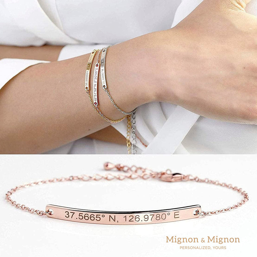 Engraved Bracelets for Women, Custom Name Bracelet with Coordinates, Gifts