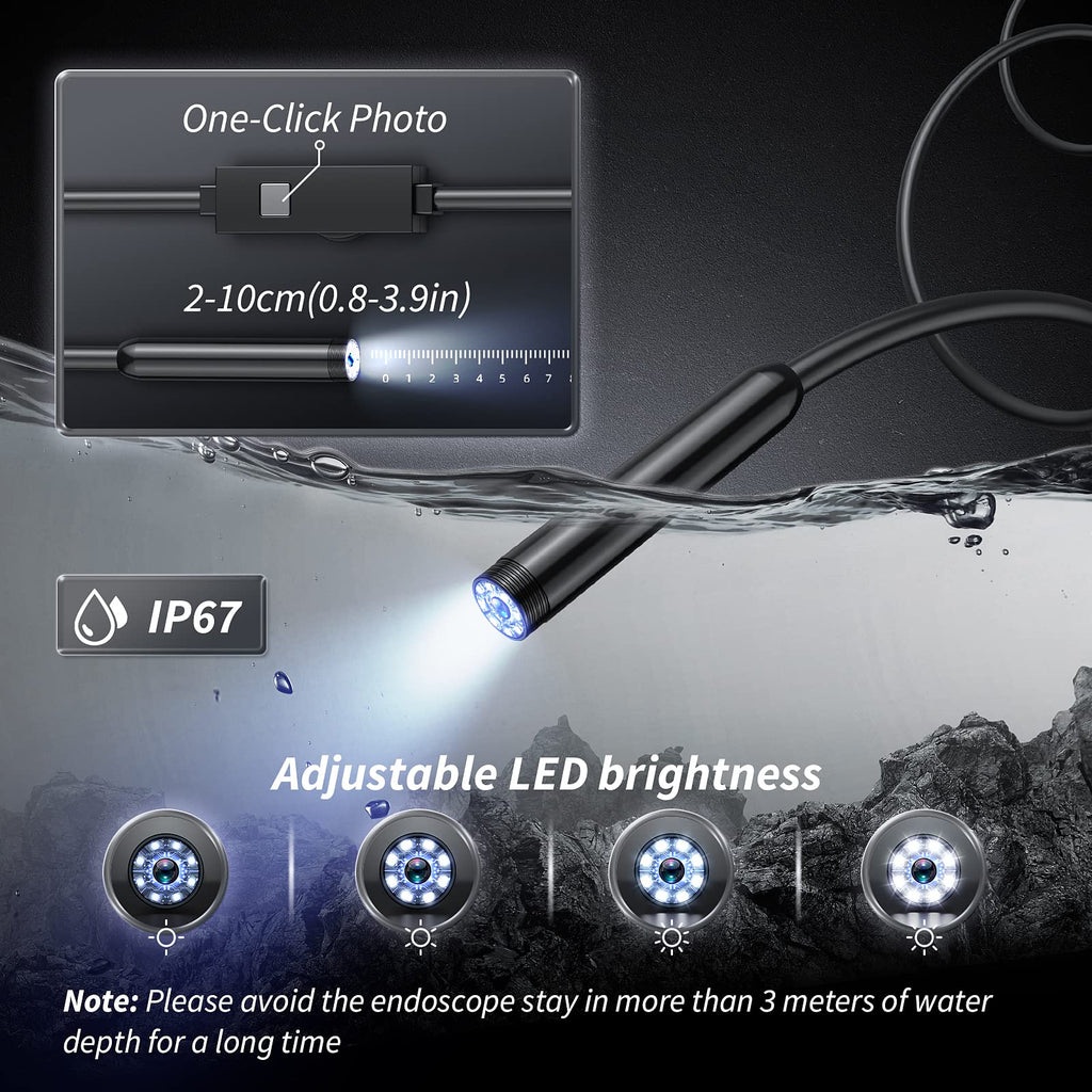 Endoscope Camera with Light, 1920P HD Bore Scope Borescope with 8 Lights, Waterproof 16.4FT Semi-Rigid Cord for Pipe Inspection, Industrial Endoscope for Phones(Black)