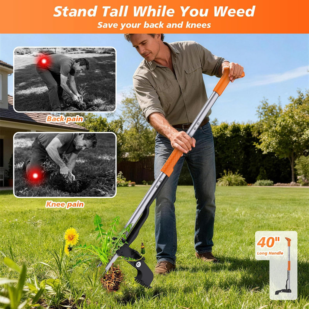 Aishkimo Stand Up Weed Puller Tool - 4-Claw Steel Head Hand Weeding Tool - 40" Retractable Handle with Easy-Eject Mechanism for Dandelions, Clover, No Bending or Kneeling