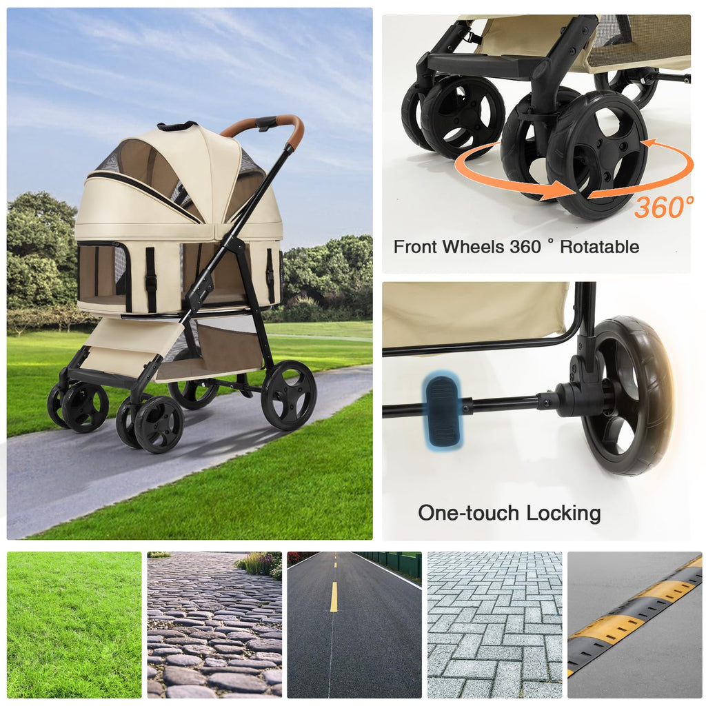 4 Wheels Pet Stroller for Small/Medium Dogs and Cats,Dog Stroller with Detachable Carrier and Storage Basket,One Click Folding,Compact Portable,Up to 50lbs,3 in1 Multifunctional(Khaki)