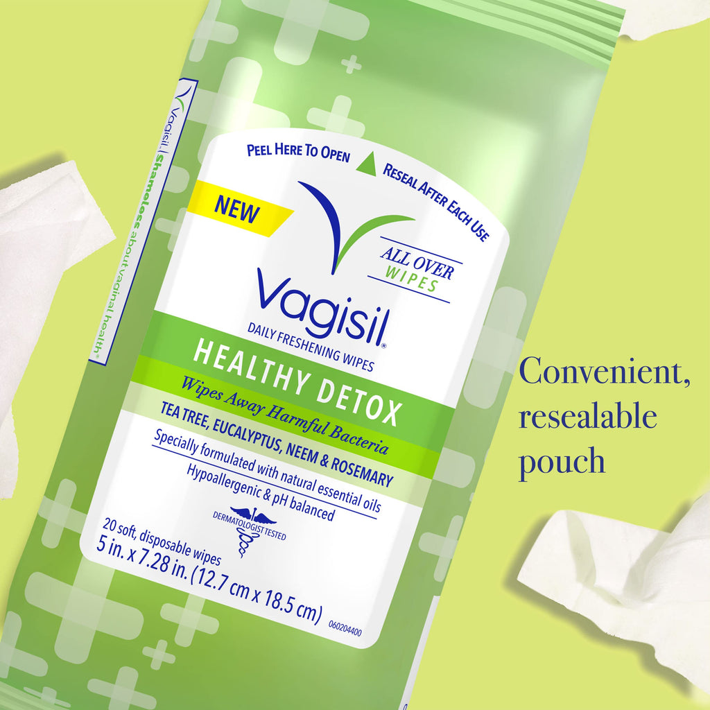 Vagisil Wipes for All Over Cleaning, Health Detox, Formulated with Essential Oils, 20 Wipes in a Re-Sealable Pouch (Pack of 1)