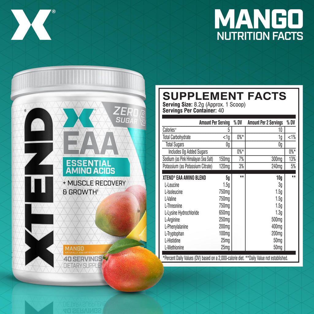 Xtend Scivation EAA + BCAA Powder | Muscle Recovery & Lean Muscle Growth | 9 Essential Amino Acids for Intra Workout or Post Workout Recovery | 10g EAAs Per 2 Servings | Mango 40 Servings
