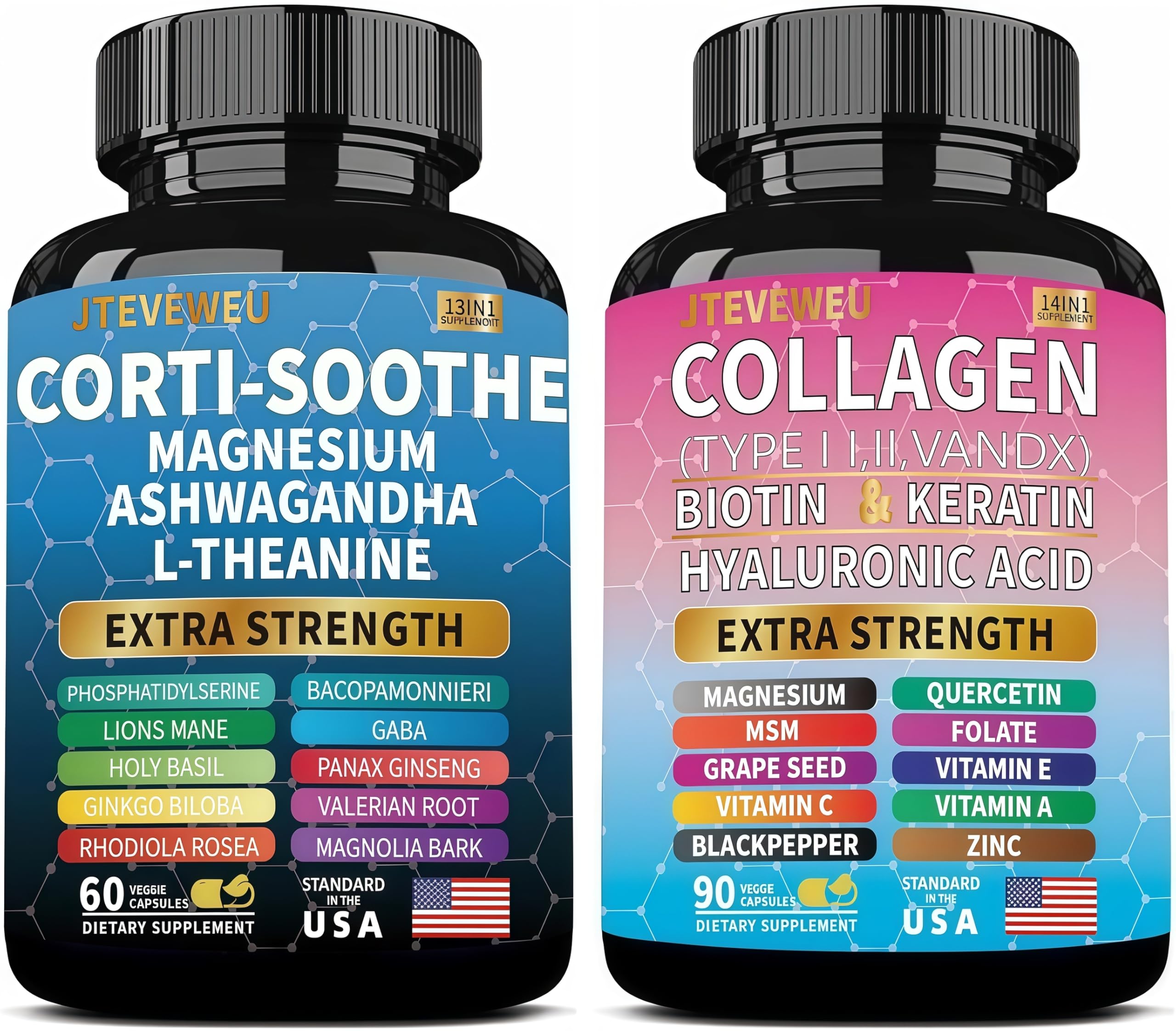 JTEVEweu Shining Serenity Set, Cortisol Support with Ashwagandha, L-Theanine, Magnesium, Lions Mane, GABA, Bacopa Monnieri, Collagen Biotin, Keratin, Hyaluronic Acid, Quercetin