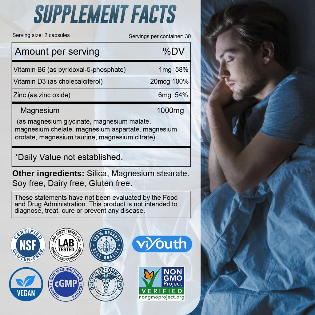 Magnesium 7 Complex Supplement Advanced with Glycinate Citrate Malate Chelate Taurate Orotate Aspartate, Capsules with Zinc, Vitamin D3 & B6 for Sleep, Muscle Relief, 60 Capsules