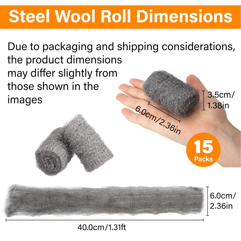Alabrocon Bulk Steel Wool Roll Kit, Steel Wool 0000 15PCS, 15 Pack × 1.6FT
