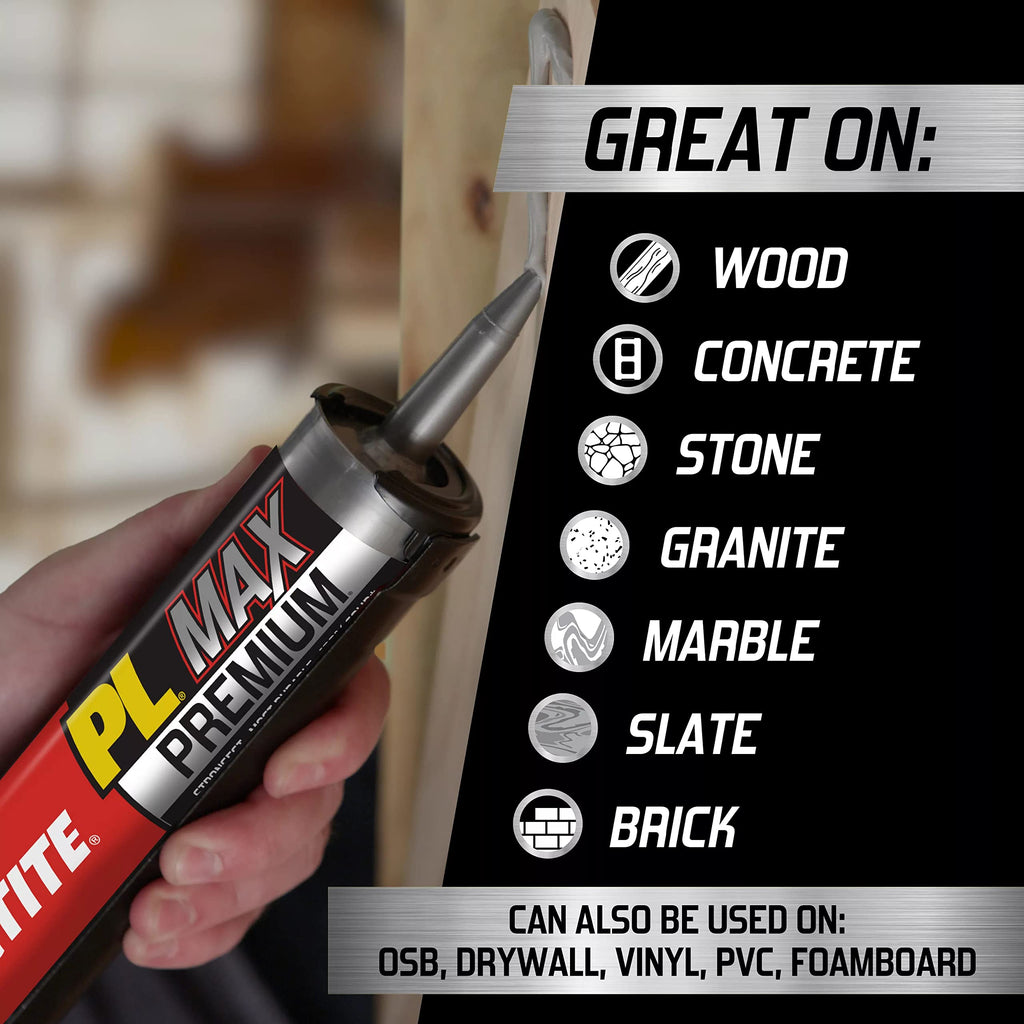 Loctite PL Premium Max Construction Adhesive, 9 fl oz Cartridge, 6 Pack - Versatile Construction Glue for Wood, Concrete, Stone & More