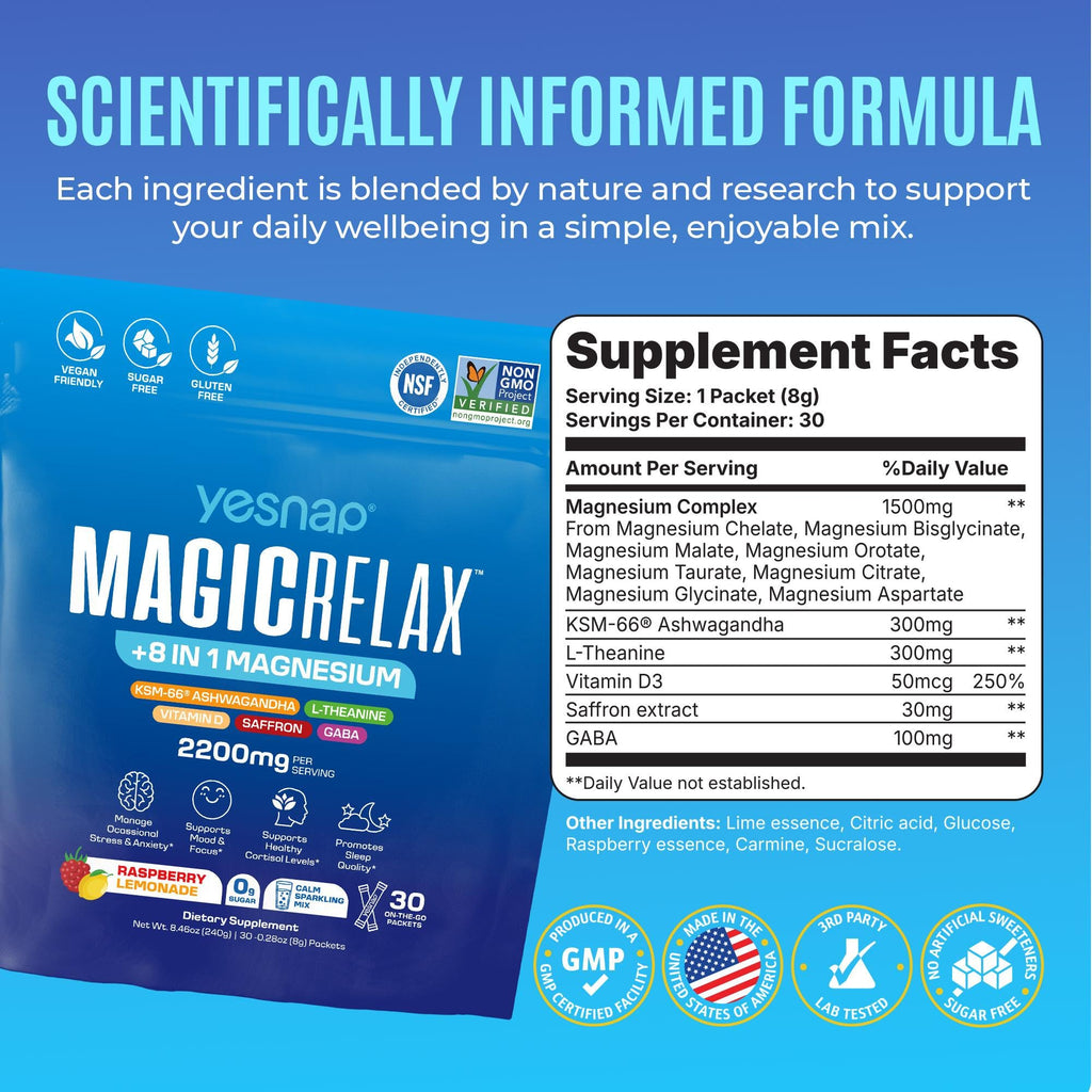 Yesnap MAGICRELAX Calming Sparking Mix 8-in-1 Magnesium KSM-66 Ashwagandha Saffron Vitamin D3 GABA L-Theanine Supports Healthy Cortisol Levels,Mood and Sleep No Sugar Non GMO Raspberry Lemonade Flavor