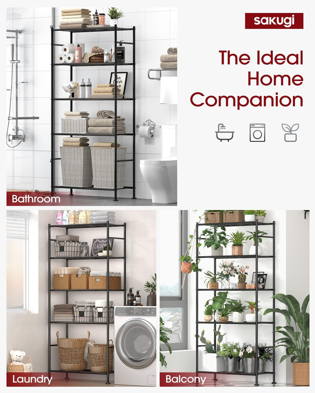 Sakugi Storage Shelves - 5 Tier Shelf Organizer, Heavy Duty Garage Shelving Unit with Leveling Feet, Stable Metal Shelves Organizer for Pantry, Kitchen and Closet, 33.0" W x 12.6" D x 72.0" H, Black