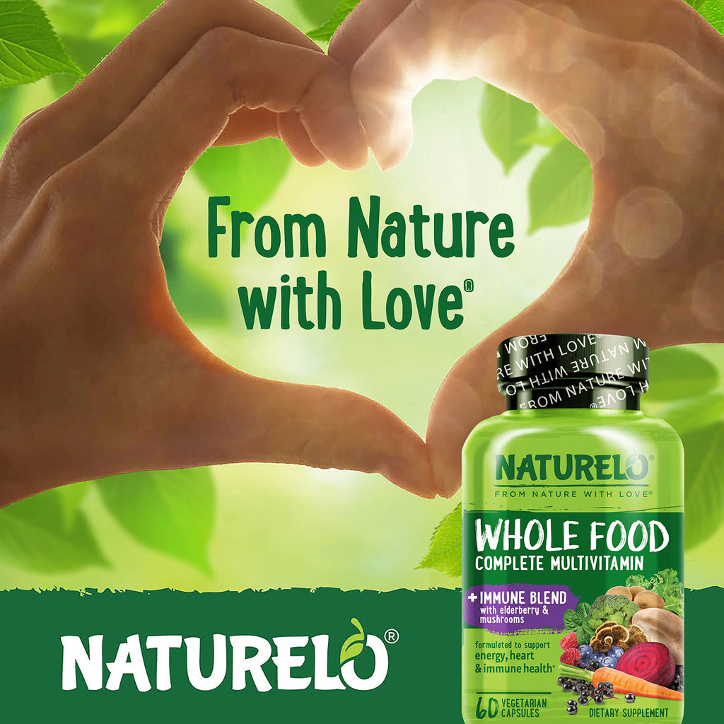 NATURELO Whole Food Multivitamin + Immune Blend with Elderberry & Mushrooms - Complete Multivitamin with Extra Immune Support - C, D3, Zinc, Elderberry, Reishi, Shitake, 60 Vegan Capsules (Pack of 2)