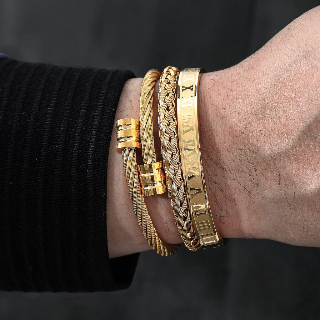 WFYOU 3PCS Stainless Steel Bracelets for Men Gold Roman Numeral Bangle Twisted Cable Adjustable Cuff Bracelet Mens Luxury Jewelry Gifts