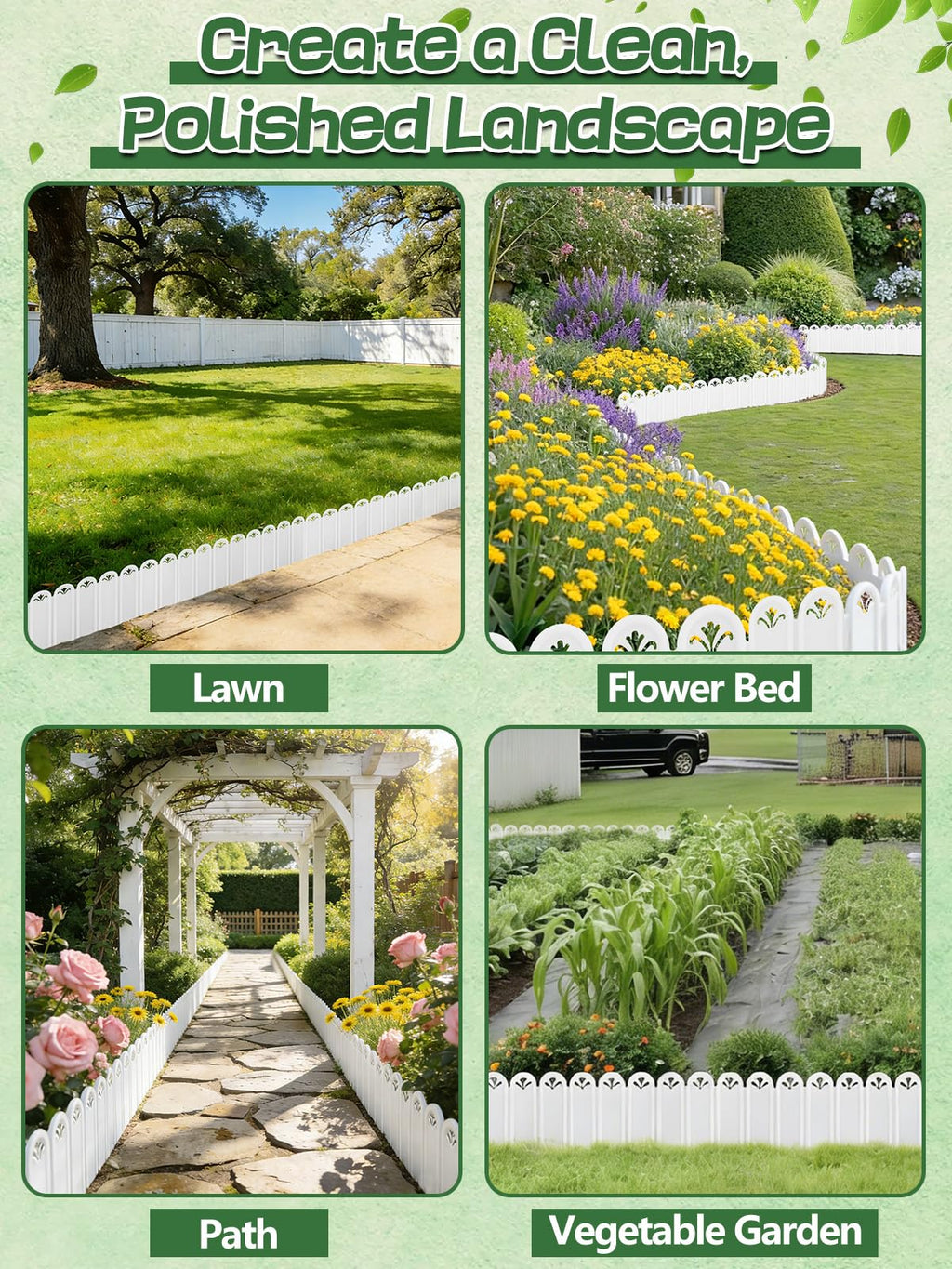 8.7'' H Connectable Garden Landscape Edging - 6.5ft Total Length No Need Digging Lawn Fence Border White Panels for Dividing Yard Flower Bed Areas