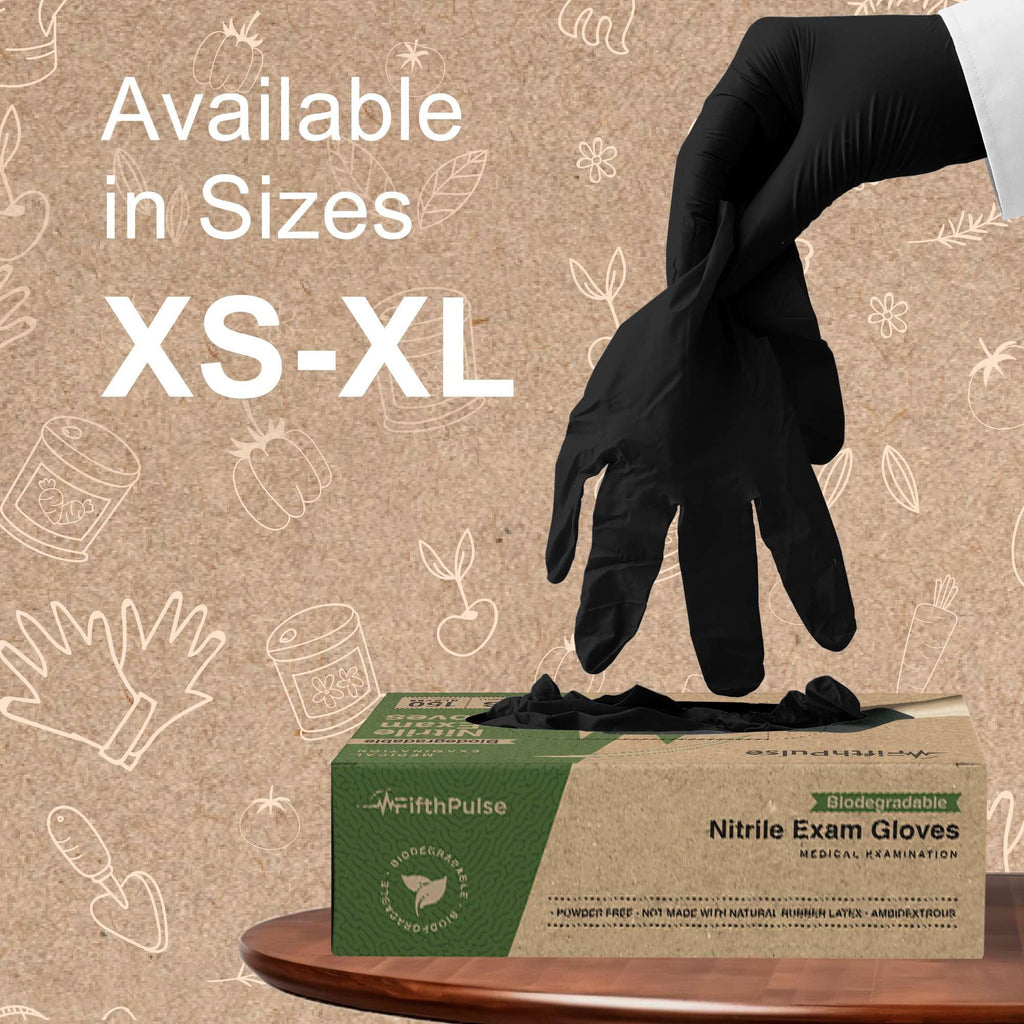 FifthPulse Biodegradable Black Nitrile Gloves 150 Count - Powder Free Disposable Food Grade Medical Exam Gloves for Cooking, Cleaning, Tattoo, Textured Fingertips, Latex Free, Eco-Friendly