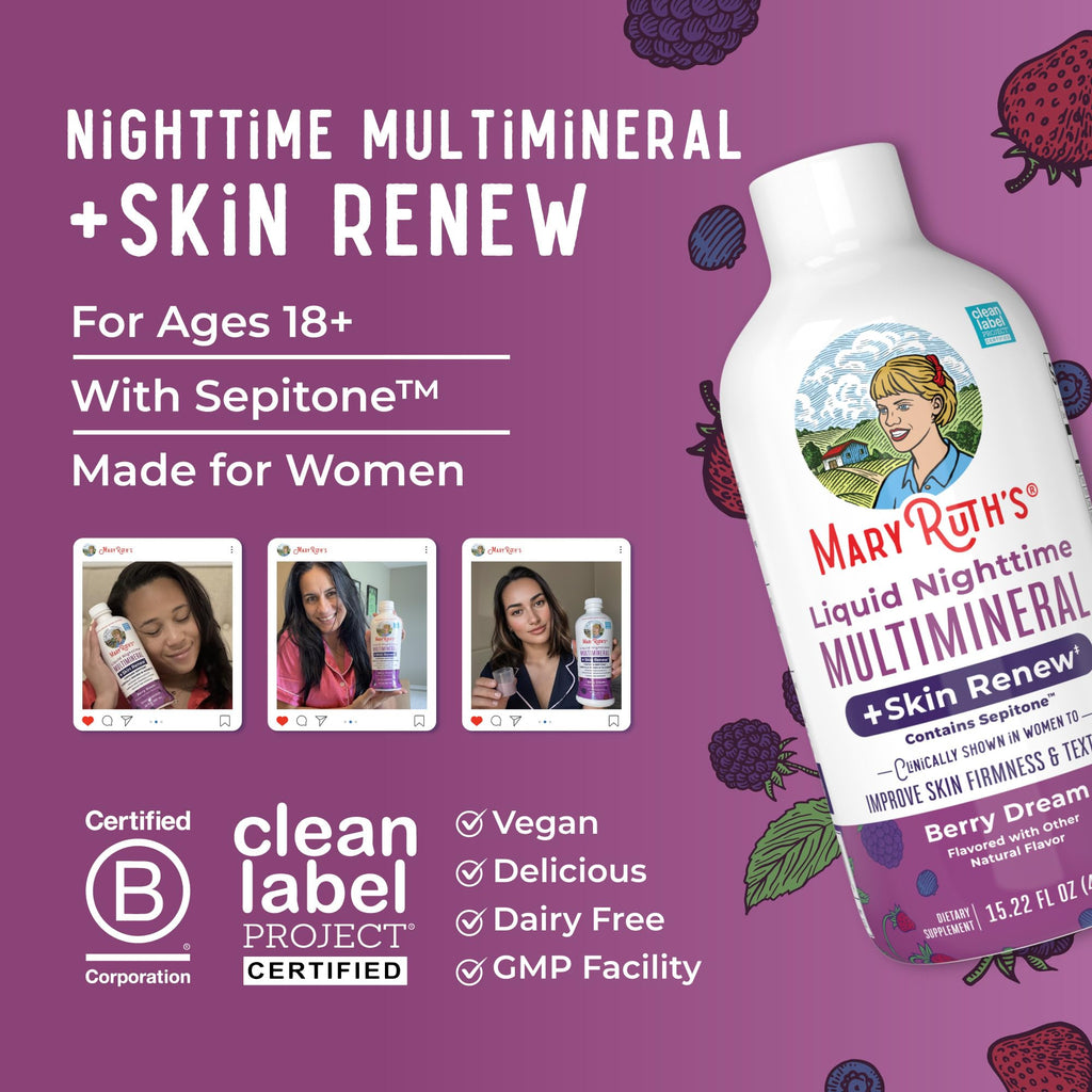 MaryRuth's Liquid Nighttime Liquid Multimineral + Skin Renew | Clinically Shown in Women to Reduce Fine Wrinkle & Improve Skin Firmness | Sepitone | NO Melatonin | Magnesium | Vegan | 15 Servings