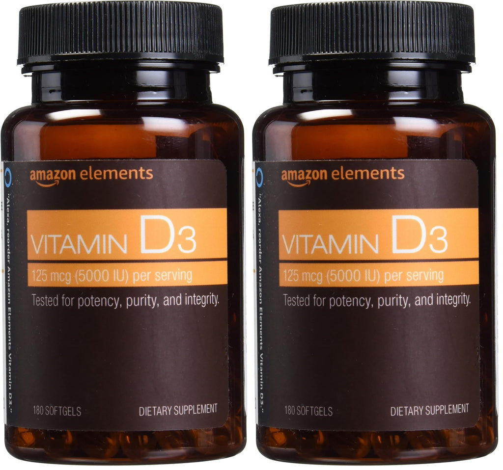 Amazon Elements Vitamin D3, 5000 IU, 180 Softgels, 6 Month Supply (Packaging May Vary), Supports Strong Bones and Immune Health (Pack of 2)