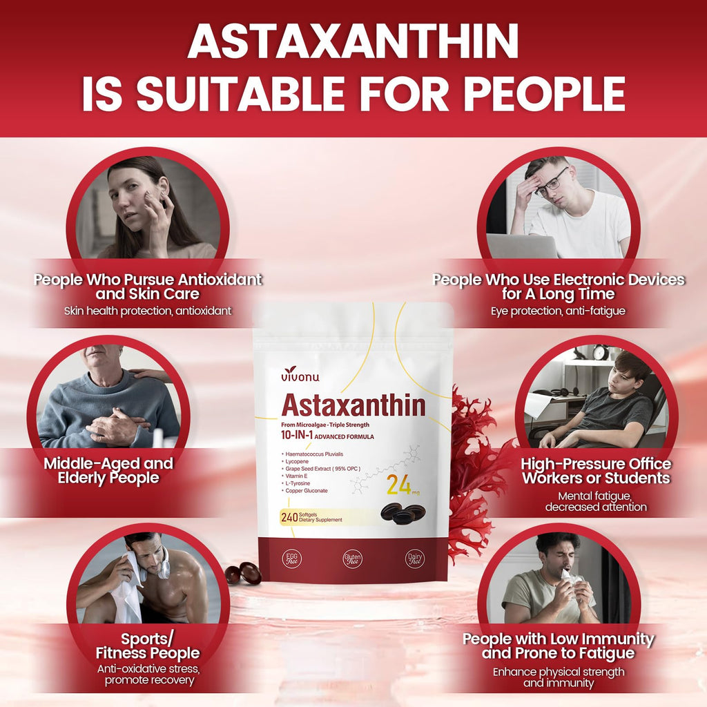 10 in 1 Astaxanthin Supplements 24mg, 4 Month Supply, Astaxantina Antioxidant from Fresh Haematococcus Pluvialis, Contains Lycopene, Grape Seed, Vitamin E, & More Supports Eye, Joints, Skin Health