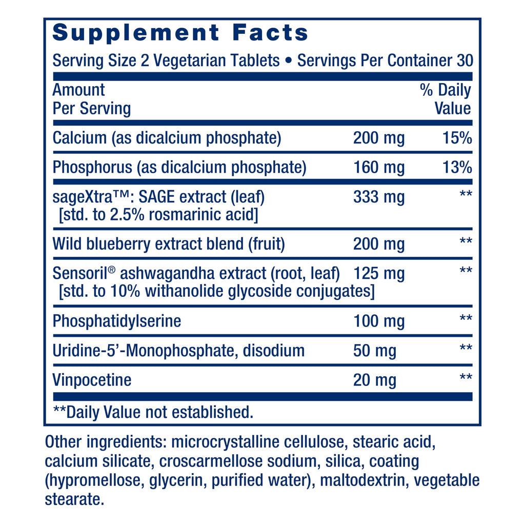 Life Extension Cognitex® Elite, sage, Blueberry, ashwagandha, phosphatidylserine, vinpocetine, Attention, Focus, Mood & Memory, Gluten-Free, Non-GMO, Vegetarian, 60 Tablets