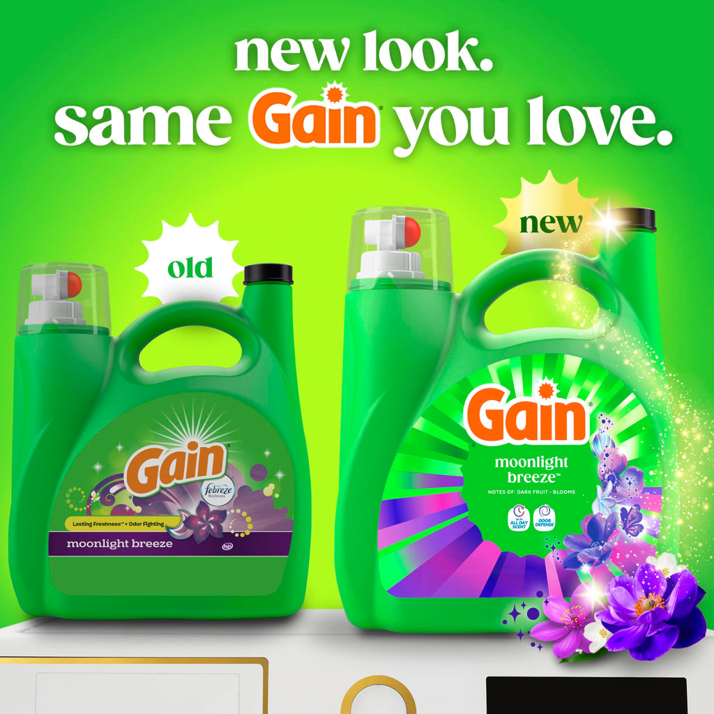 Gain Liquid Laundry Detergent, Now with Odor Defense, Moonlight Breeze Scent, 132 fl oz, 100 Loads (Packaging May Vary)