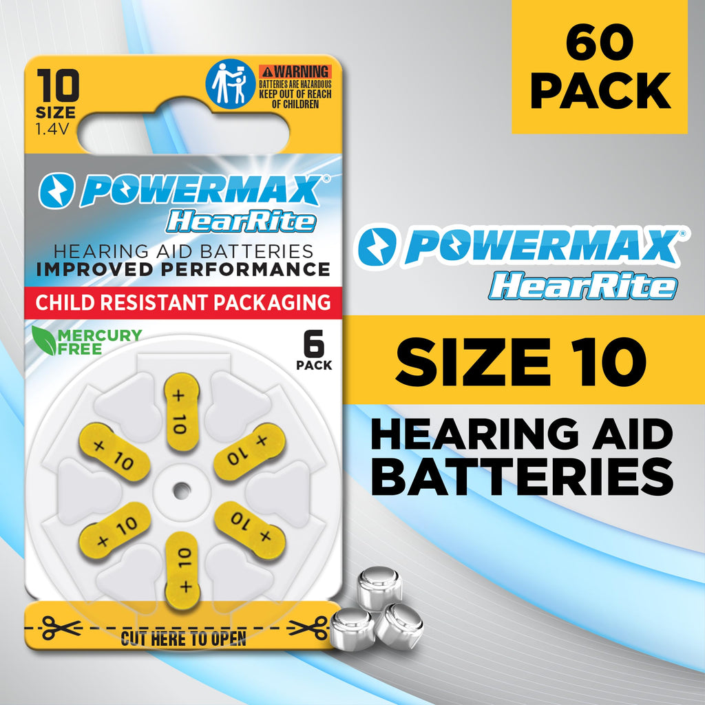 Powermax Size 10 Hearing Aid Batteries, 60 Count Long-Lasting Battery Pack, Yellow Long Tab for Easy Change