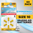 Powermax Size 10 Hearing Aid Batteries, 60 Count Long-Lasting Battery Pack, Yellow Long Tab for Easy Change