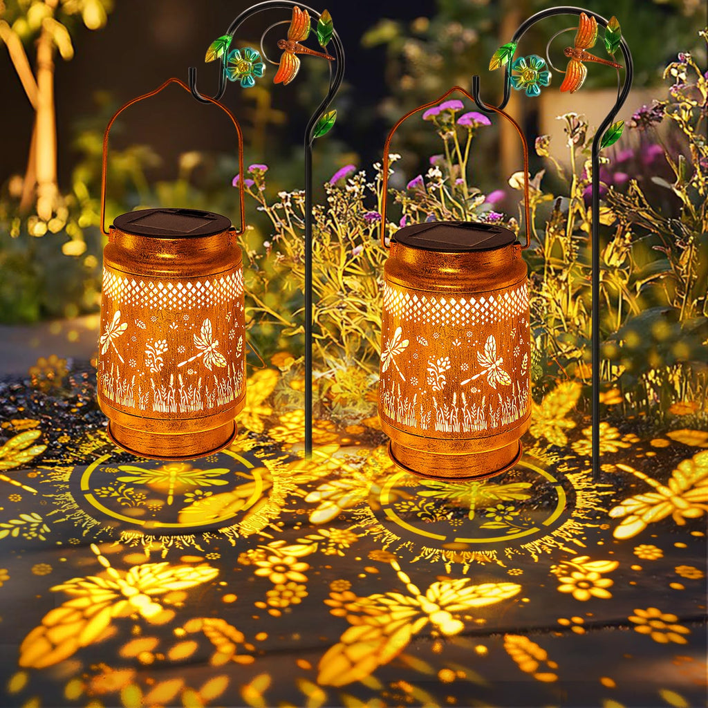 2 Pack Solar Lanterns Outdoor Waterproof Dragonfly Garden Decor, Birthday Gifts for Women Mom Grandma, Hanging Solar Lights Metal LED Decoration with Shepherd Hook Outside for Yard Patio Lawn Porch