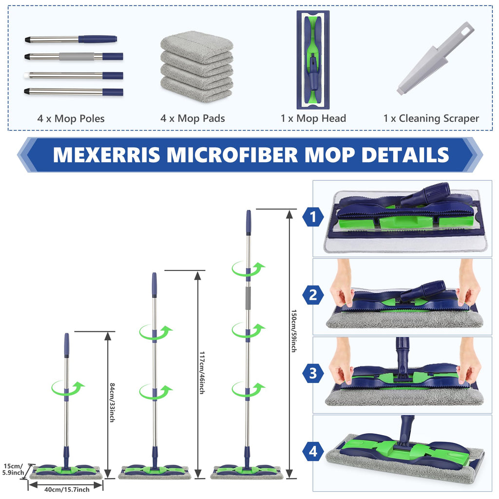 Microfiber Mops for Hardwood Floor Cleaning: MEXERRIS Flat Floor Mop with 4 Washable Pads 59" Adjustable Handle - Dust Dry Mops for Kitchen Bathroom Tile Laminate Wood Vinyl - Home Commercial Mop