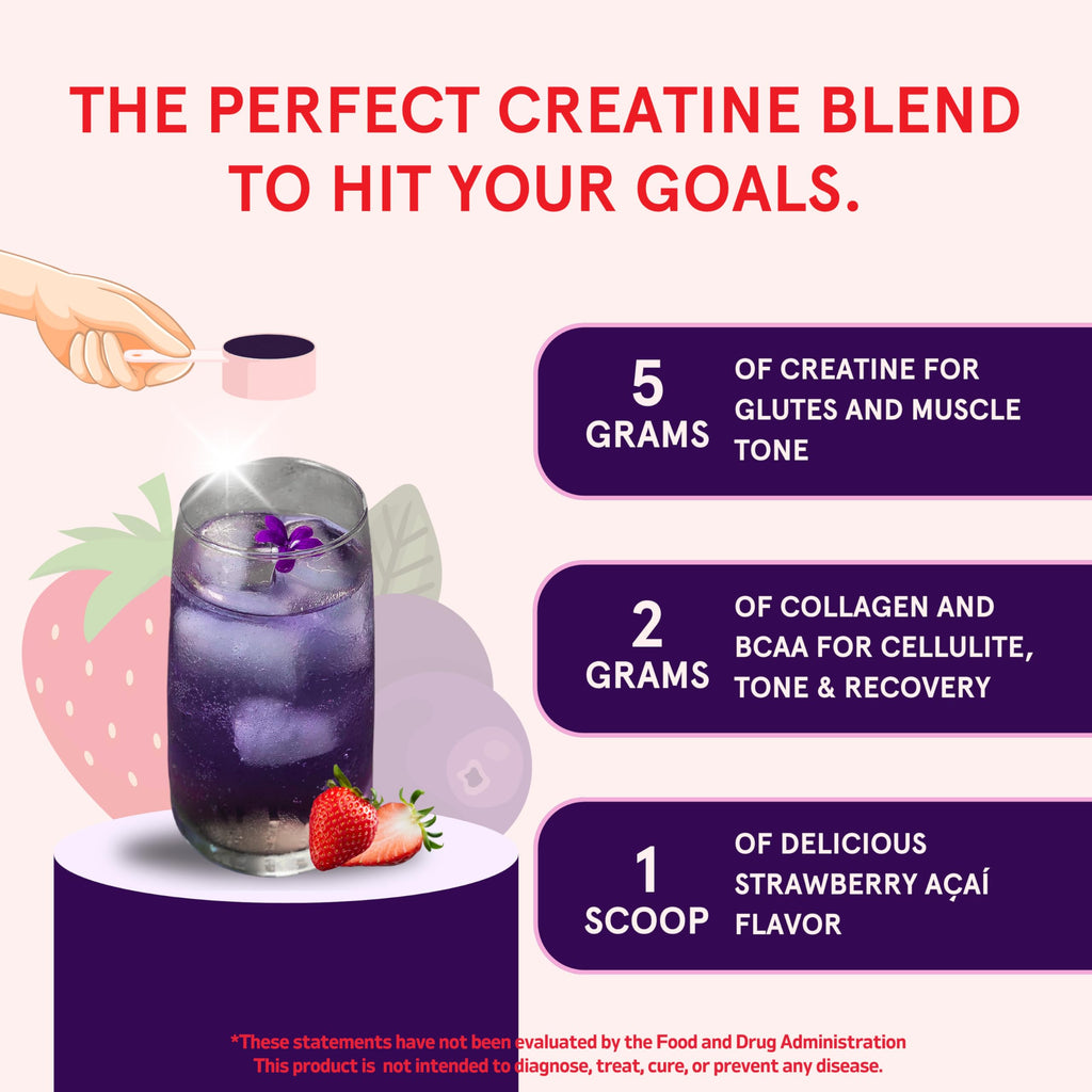 Peach Perfect Creatine Blend for Women – Micronized Creatine Monohydrate with BCAA & Collagen for Glute Strength Support – Strawberry Acai – 30 Servings