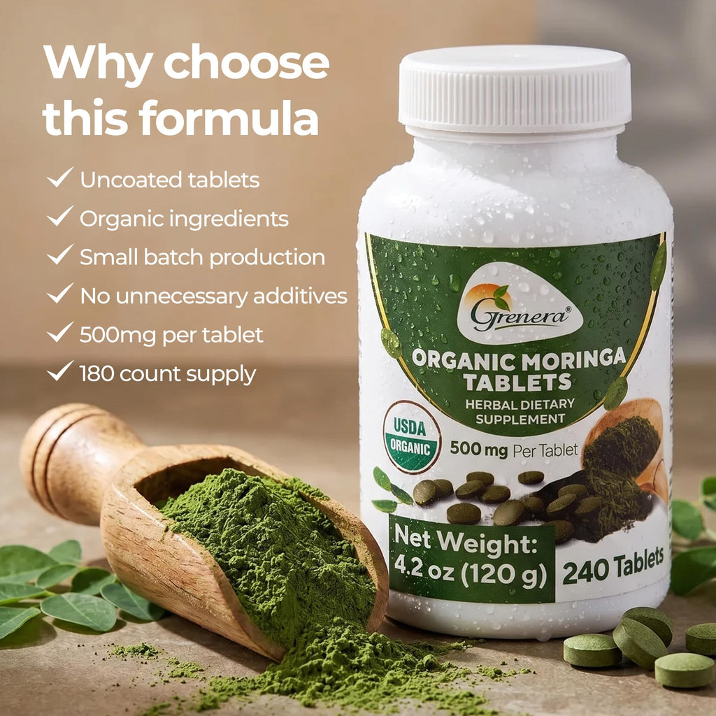 Grenera Organic Moringa Tablets | USDA Organic, 500mg Per Tablet | Uncoated Herbal Supplement, Single Ingredient Moringa Leaf Powder | Lab Tested Quality, Vegan & Kosher Certified | 240 Count