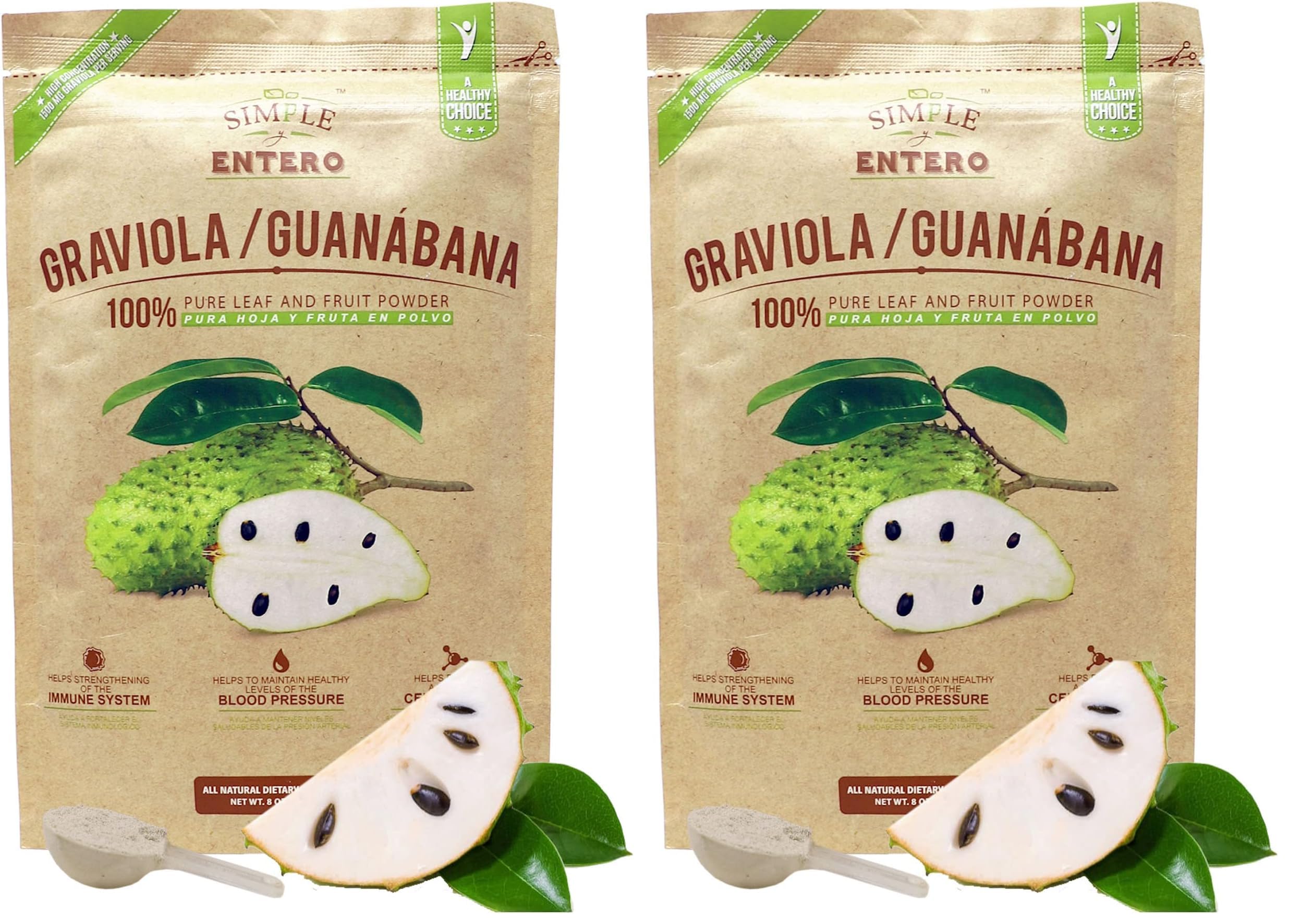 Simple y Entero Graviola/Guanabana, 100% Pure Leaf Powder, Helps You Boost Your Immune System, Vegan, 8 Oz, Bag (Pack of 2)