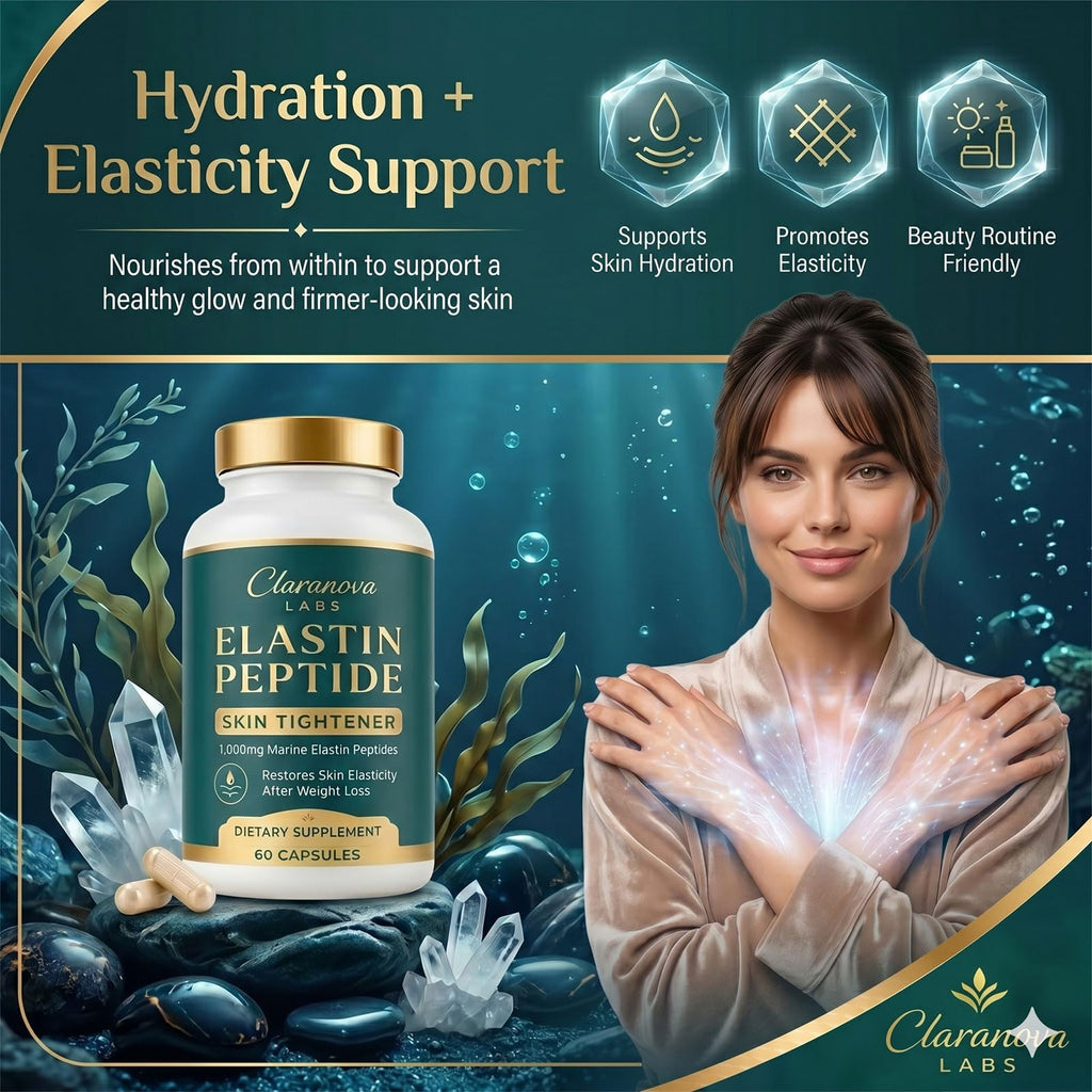 Claranova Labs Elastin Peptides, Marine Protein Complex, 1,000mg Per Serving, Skin Elasticity Support, 60 Capsules