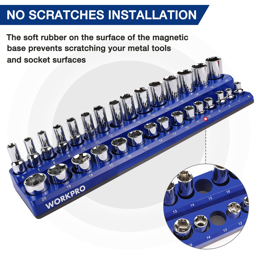 WORKPRO Magnetic Socket Organizer Set, 6-Piece Socket Holder Set Includes 1/4", 3/8", 1/2" Drive Metric SAE Socket Trays, Holds 143 Pieces Sockets, Christmas Gift for Men(Socket not Included)