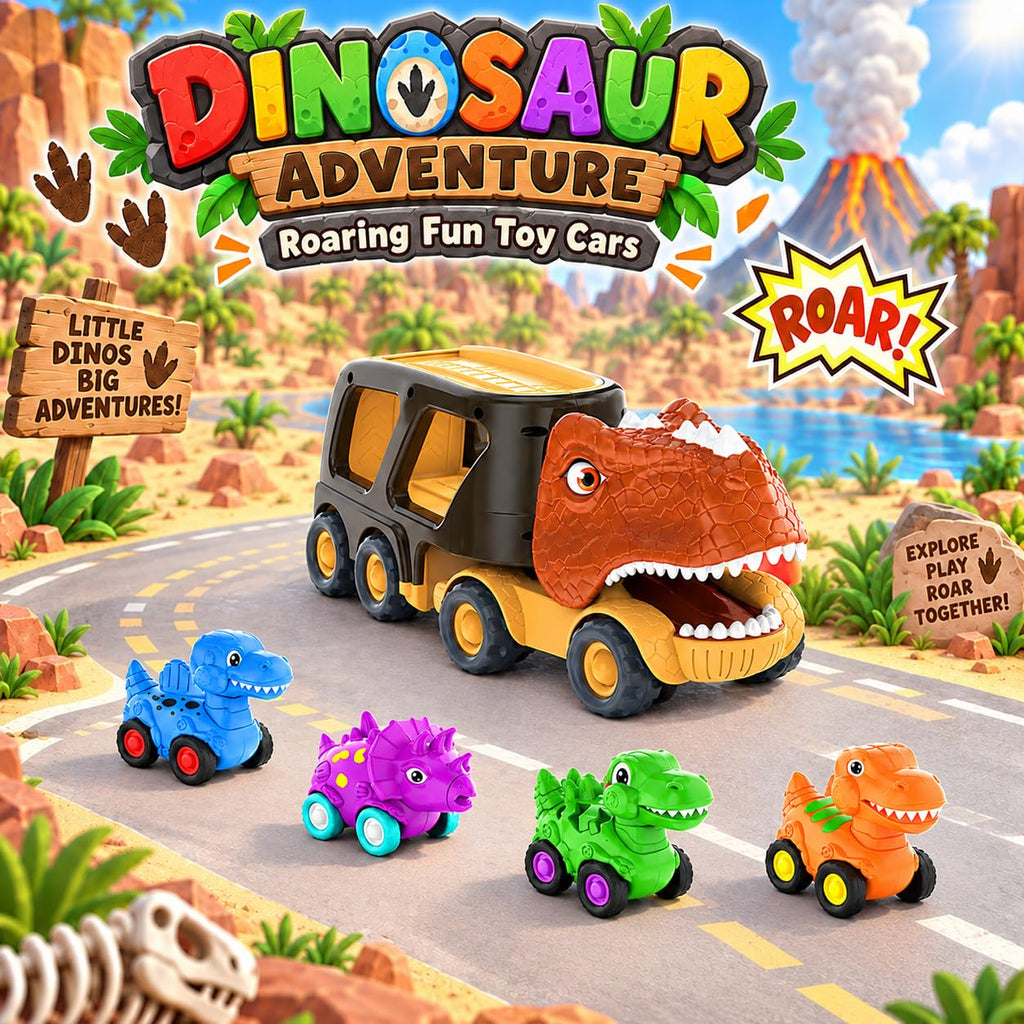 Veslier Dinosaur Car Toy for 2 3 4 5 Years Old Boys, Friction Power Carrier Truck with 4 Pack Small Pull Back Dino Car, Christmas Birthday Gift for 18+ Months Boy Girl Kids Toddlers