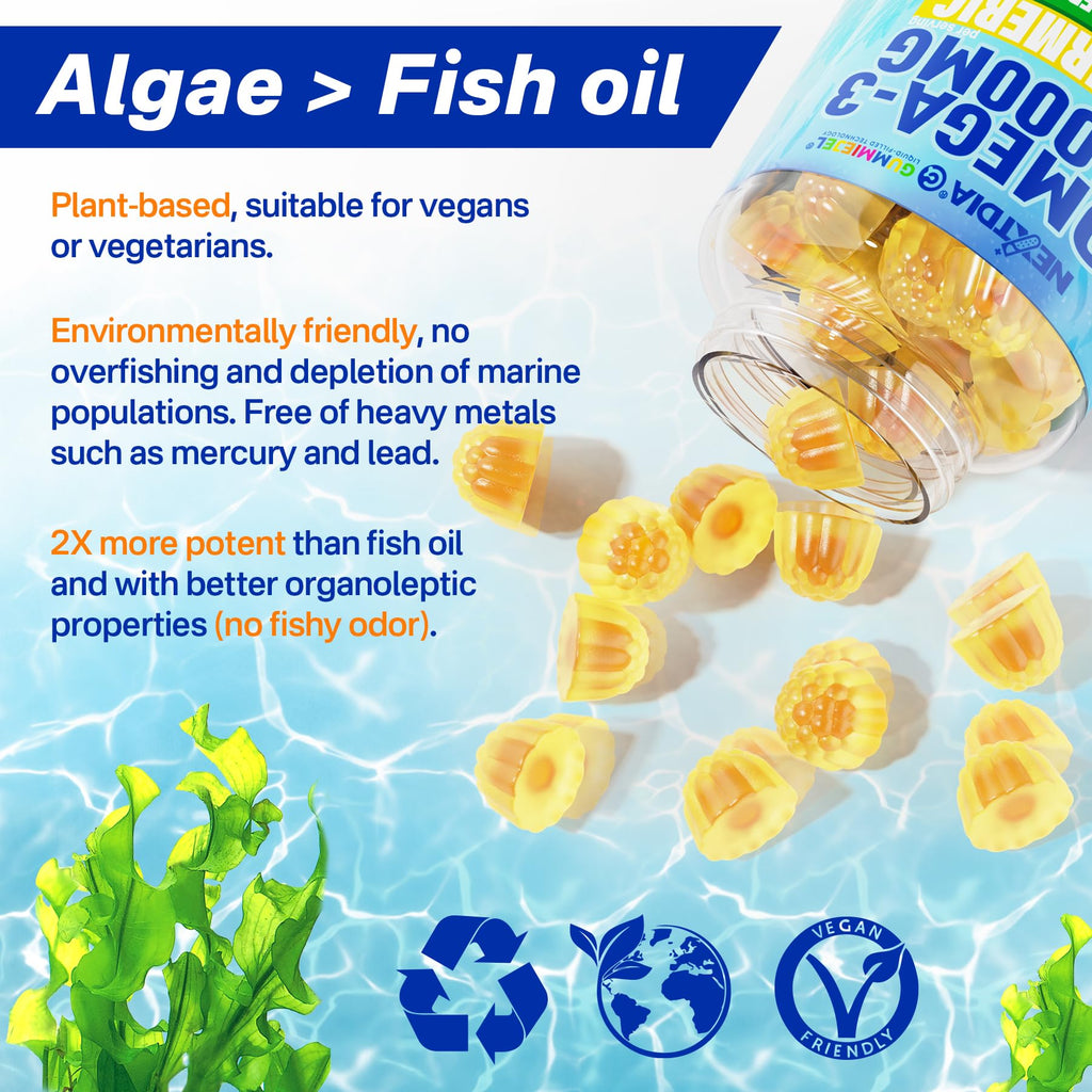 Vegan Omega-3 Gummies 1000mg + Turmeric - Omega 3 Fish Oil Alternative for Adults - Algae DHA 600mg & EPA 300mg, Vitamins A, C, E, Zinc & MSM, Sugar Free, 120 Cts