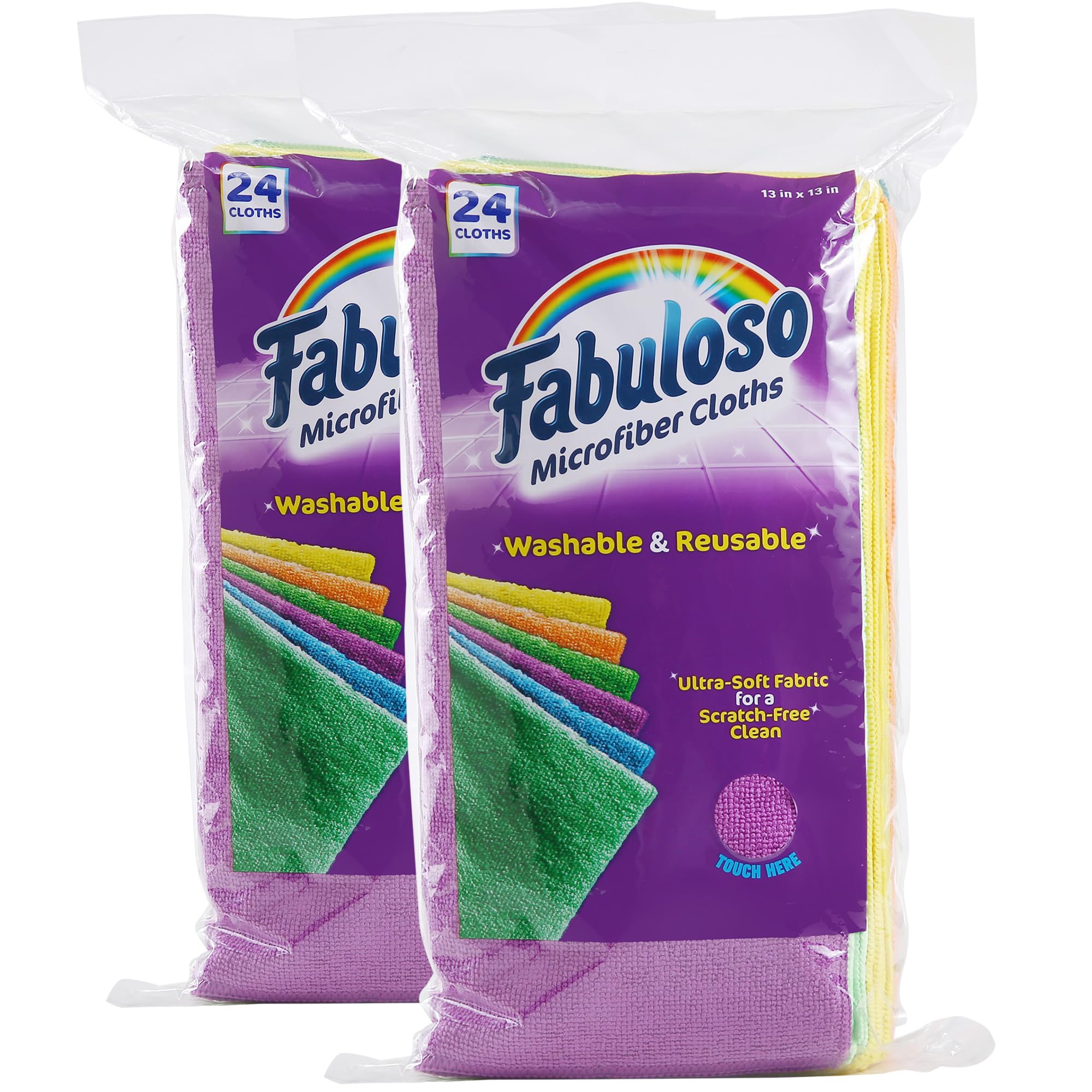 Fabuloso Microfiber Cleaning Cloths for Home & Car, Lint-Free Scratch-Free Rags for Glass, Kitchen & Wood, Reusable Machine Washable, Absorbent for Dusting & Wiping, Rainbow, 13 x 13 in, 24 Ct - 2 Pk