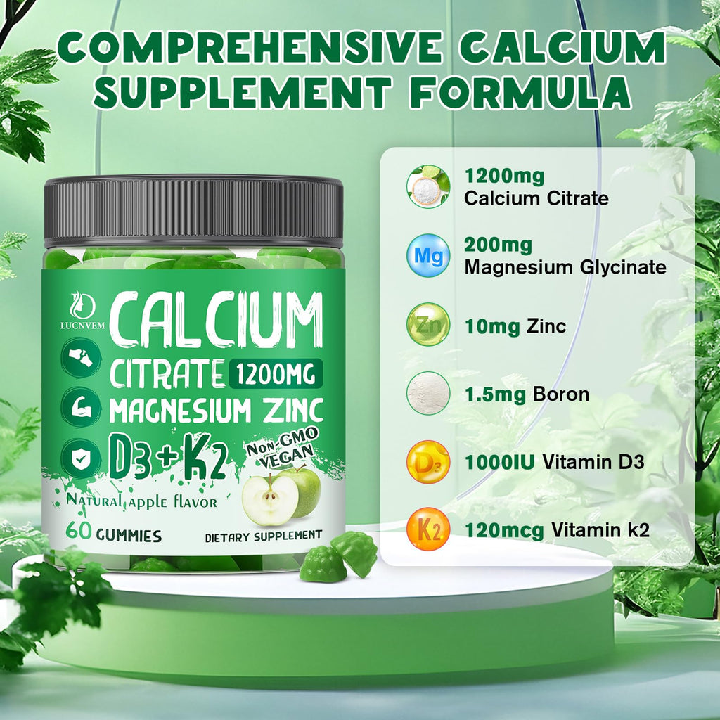Calcium Citrate 1200 mg with Vitamin D3 Gummies, Calcium Citrate Magnesium Zinc with Vitamin D3 Supplement for Women & Men Bone & Teeth Support, Natural Apple Flavor - 30 Day Vegan Supply