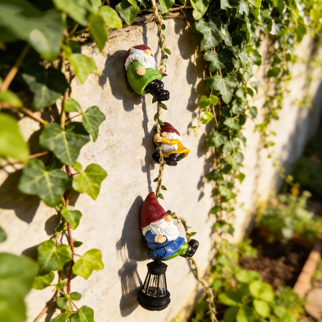 Gnome Garden Hanging Decor, 3 Pack Climbing Gnomes Statues & Solar Lanterns