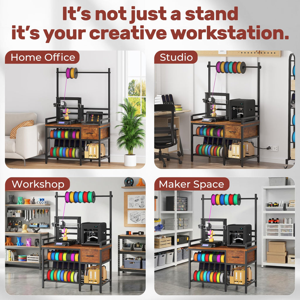 Anrigeail 3D Printer Stand with Filament Storage – Tall 66" Heavy Duty Metal 3D Printer Table with Power Hub, Drawer & X-Bracket Stability for Workshop, Studio, Office