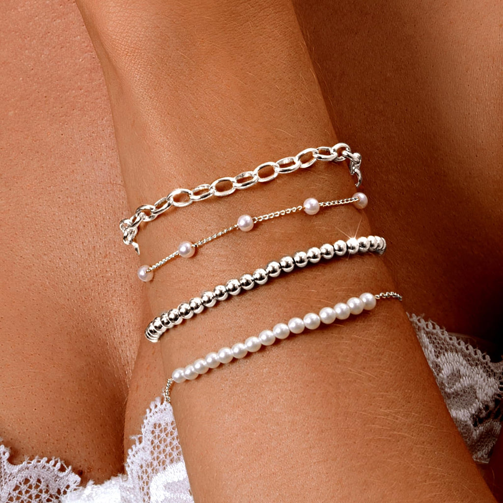 Zeffy Pearl Bracelets for Women, Silver Pearl Beaded Stackable Bracelets Charm Dainty Pearls Bracelet Stack Paperclip Link Chain Layered Bracelet Trendy Silver Bridesmaid Jewelry Set for Women