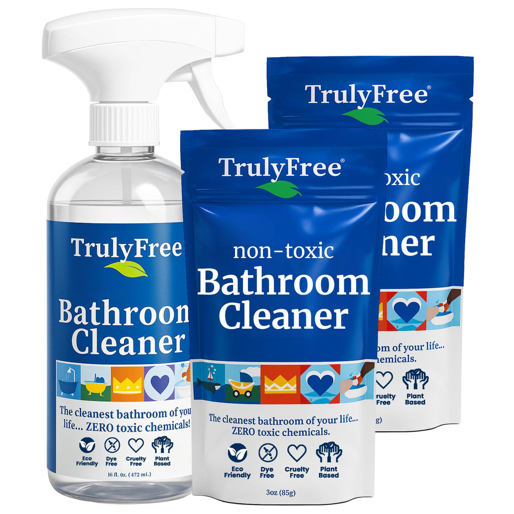 Truly Free All Natural Non-Toxic Bathroom Cleaner Spray, Organic Bath & Tile Cleaning Solution for Toilet, Sink, Tub & Shower, Refillable 2-Pack with 16oz Bottle + 2 Refill Pouches