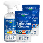 Truly Free All Natural Non-Toxic Bathroom Cleaner Spray, Organic Bath & Tile Cleaning Solution for Toilet, Sink, Tub & Shower, Refillable 2-Pack with 16oz Bottle + 2 Refill Pouches