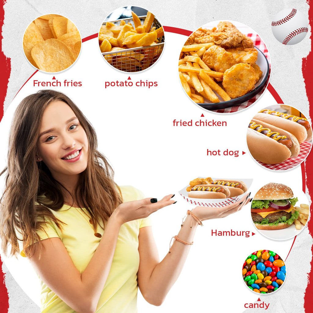 Roshtia 100 Pack Baseball Party Supplies Paper Food Trays Disposable Serving Tray Nacho Food Boats for Baseball Birthday Decorations(2lb)