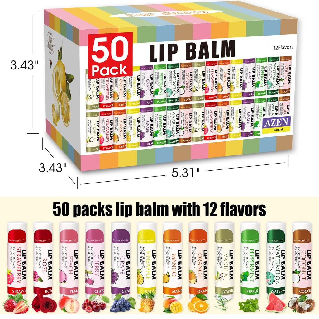 AZEN 50 Pack Lip Balm, Natural Lip Balm Bulk, Lip Care Product, Moisturizing Lip Balms for dry cracked lips, Valentines Gifts Easter Basket Stuffers - 12 Flavors