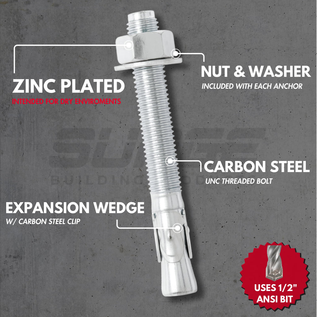 1/2" x 3-3/4" Zinc-Plated Wedge Anchors for Concrete and Cement | Heavy-Duty 1/2 Concrete Anchor Bolts (Box of 50)