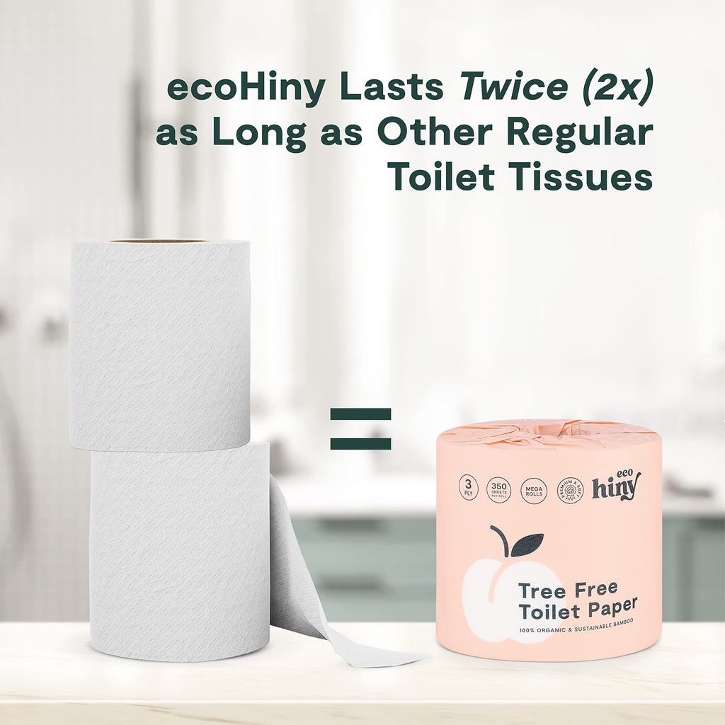 ecoHiny Premium & Soft Bamboo Toilet Paper | PFAS Free | 24 Mega Rolls, 3 ply & 350 Sheets | Non Toxic, FSC Certified, Septic Safe, BPA Free | Tree Free Toilet Tissue | Plastic Free Packaging